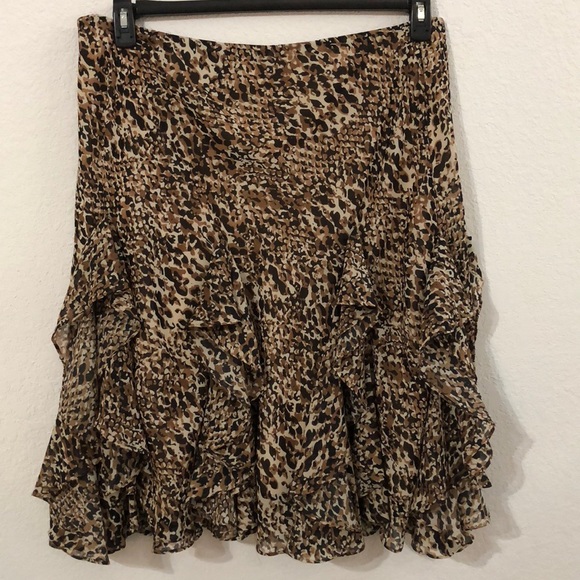 Ralph Lauren Black Brown Georgette Animal Print Ruffle Skirt - Picture 2 of 8